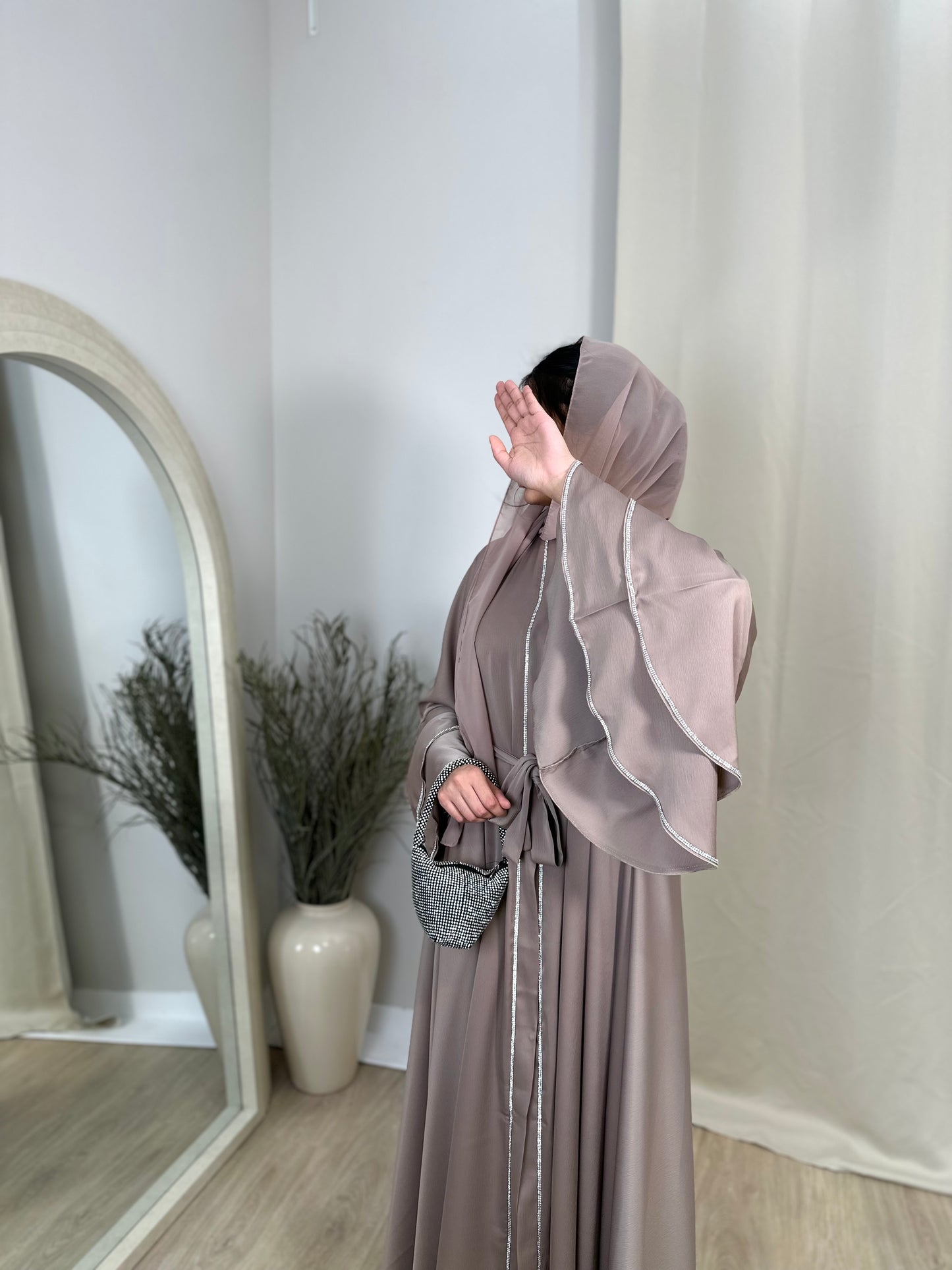 Leya - Flowy Embellished Bell Sleeve Abaya (Taupe)