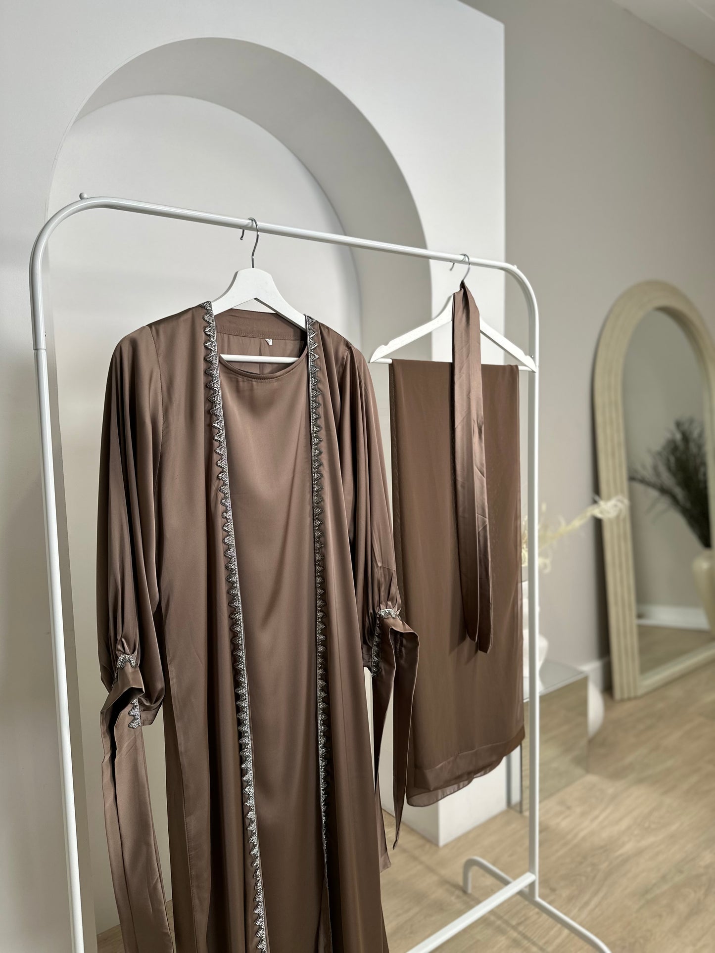 Elena - Satin Embellished Abaya Set (Coffee)