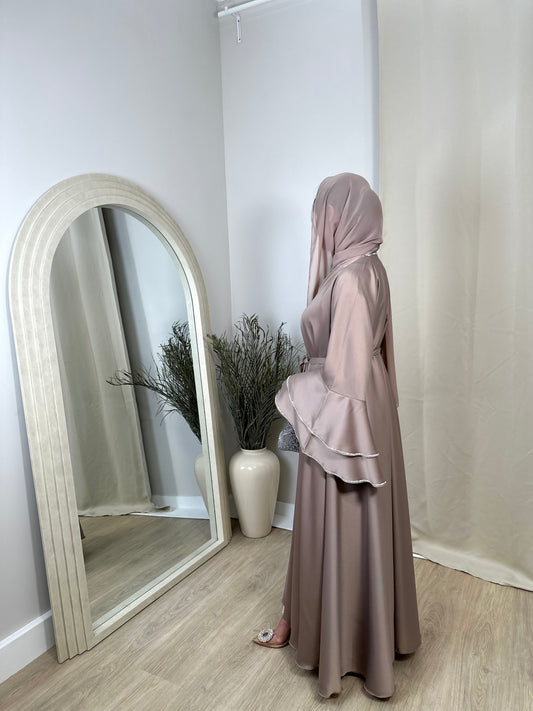 Leya - Flowy Embellished Bell Sleeve Abaya (Taupe)