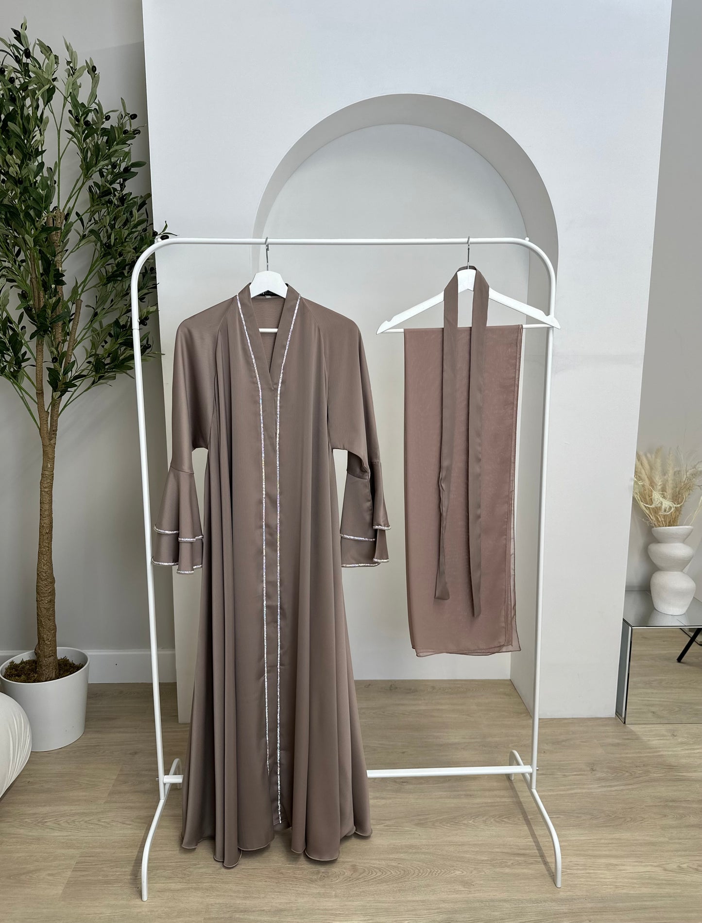 Leya - Flowy Embellished Bell Sleeve Abaya (Taupe)