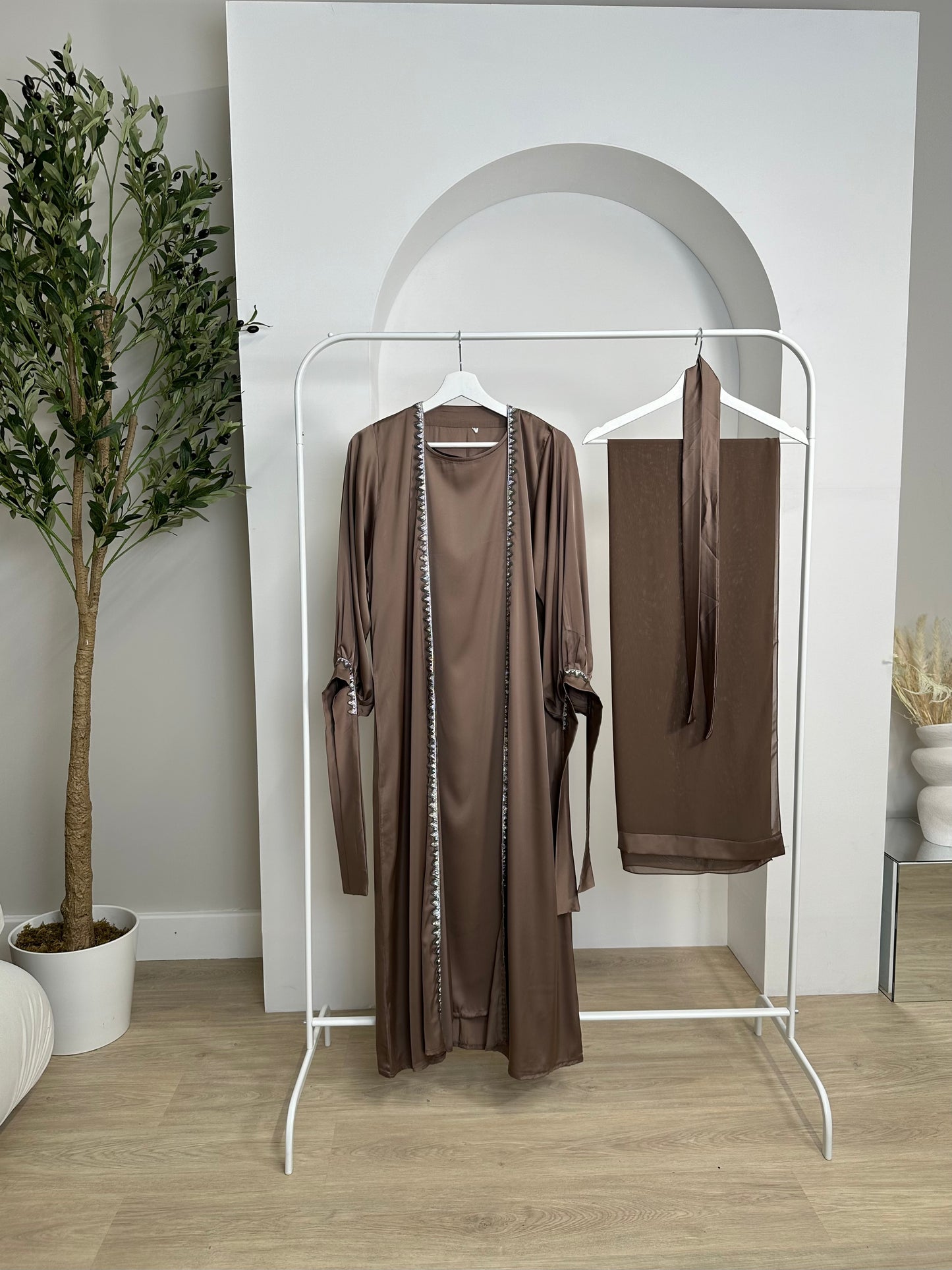 Elena - Satin Embellished Abaya Set (Coffee)