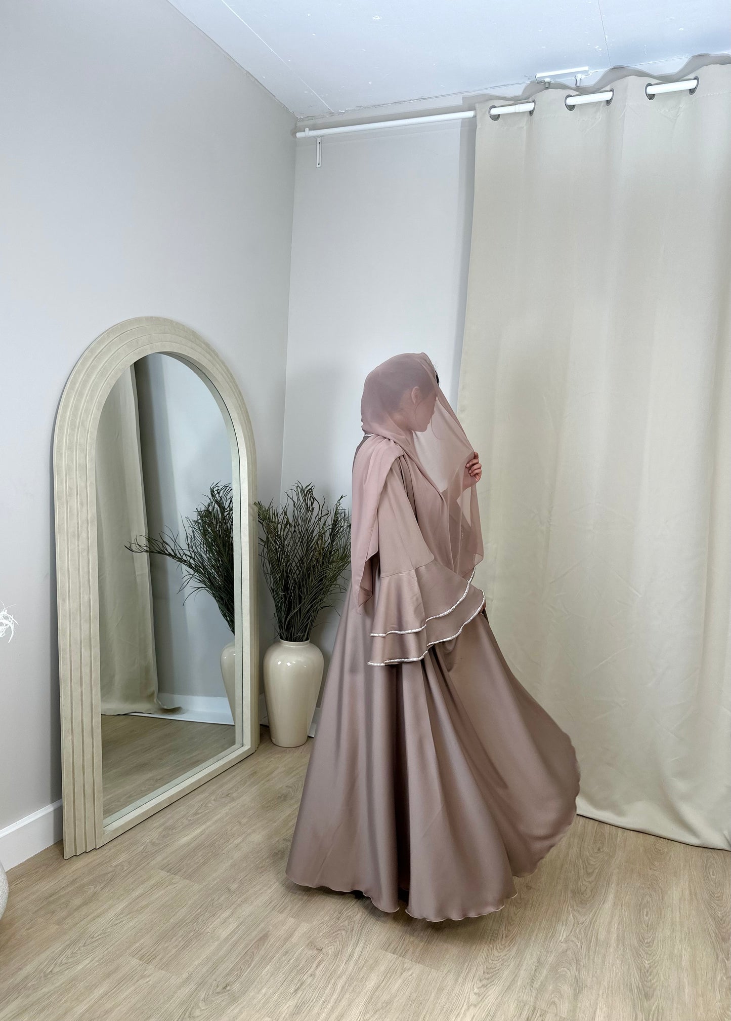 Leya - Flowy Embellished Bell Sleeve Abaya (Taupe)